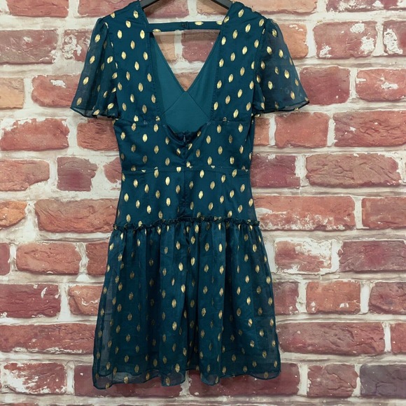 Francesca’s Dress Women’s Teal Blue Gold Polka Dot Abstract Chiffon Zip Up - Picture 2 of 7